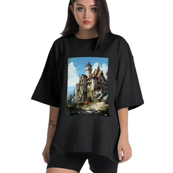 Plus Size Shirt for Women Black Tops for Women Short Sleeves Shirt for Women Castle (34） T Shirt Crewneck Shirt for Women XS