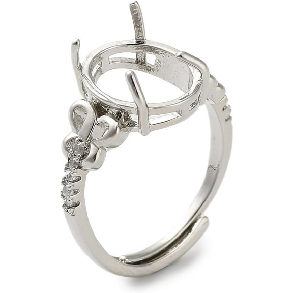Adjustable Brass Finger Ring Components 4 Claw Prong Settings with Clear Cubic Zirconia Platinum Size 7 17mm Tray 10.2x8.2mm Jewelry Finding