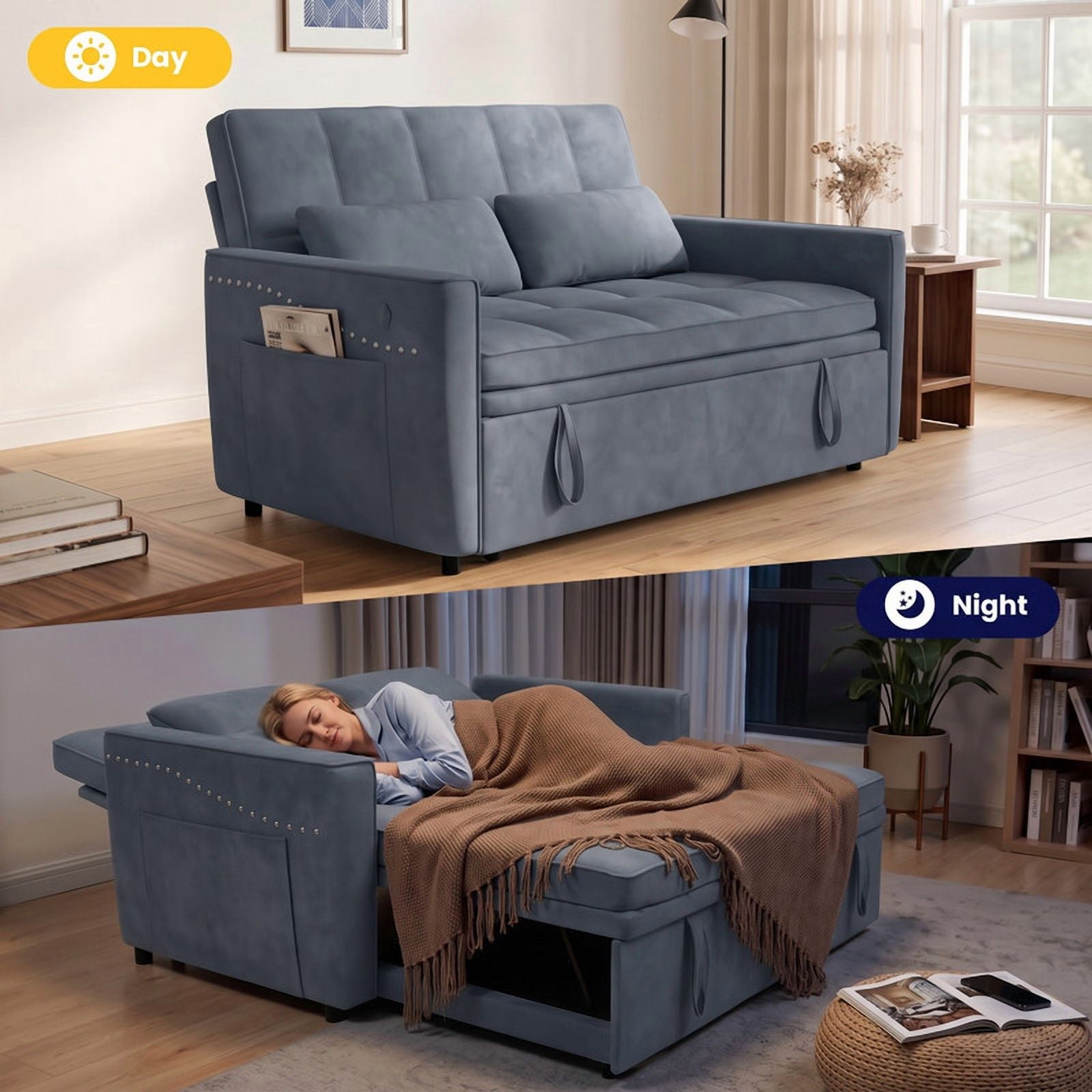 Anpport 54" 3‑in‑1 Convertible Sofa Bed, Sleeper Couch with USB Charging Port, Nailhead Trim & Throw Pillows, Loveseat for Living Room Apartment Small Space, Dark Grey