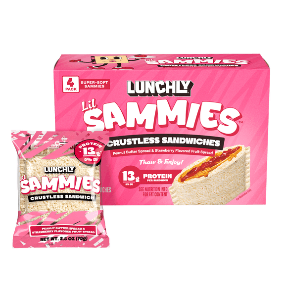 LUNCHLY Peanut Butter & Strawberry Lil Sammies, 13G Protein, 4 Count, 2.8oz Each, Frozen, Crustless Sandwiches