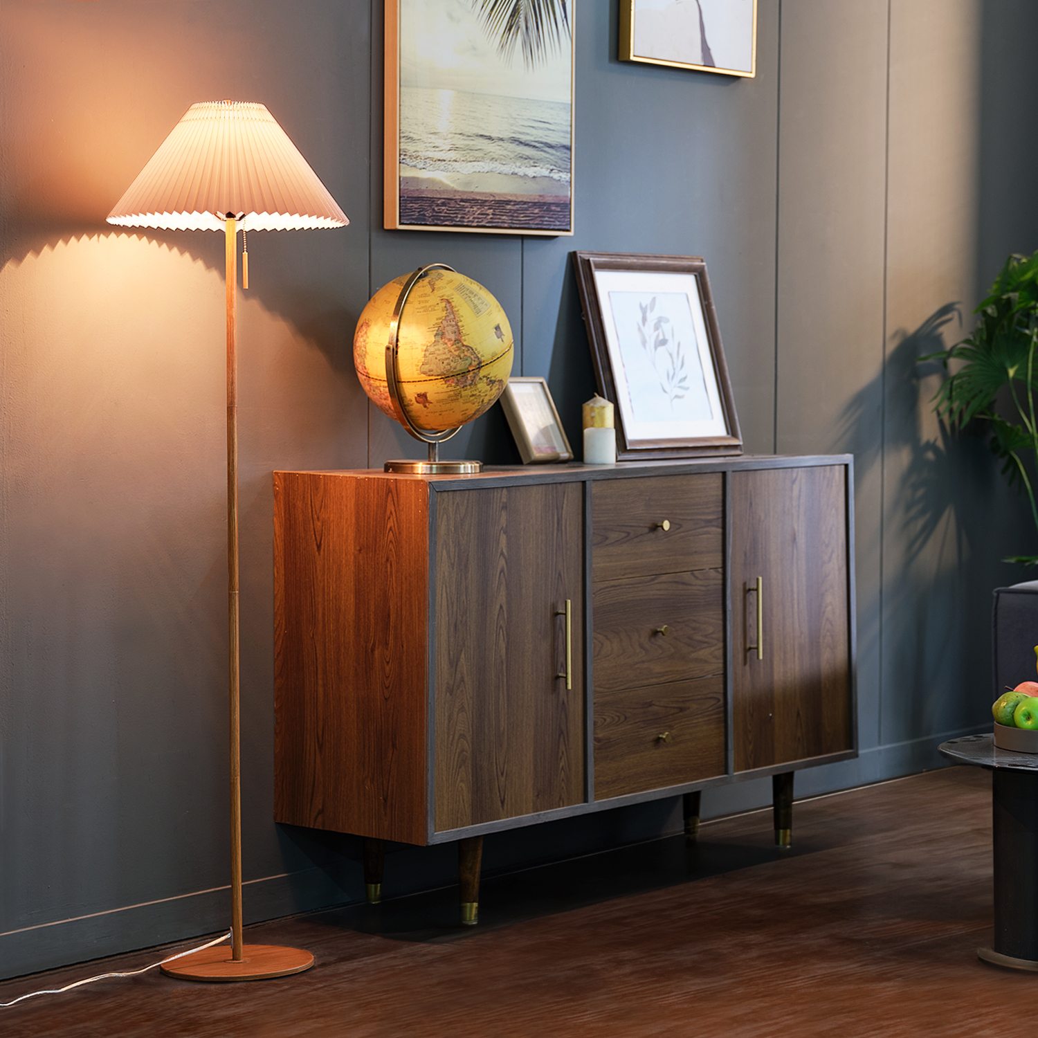 62" Wood Toned Finish Floor Lamp with Pleated Fabric Shade