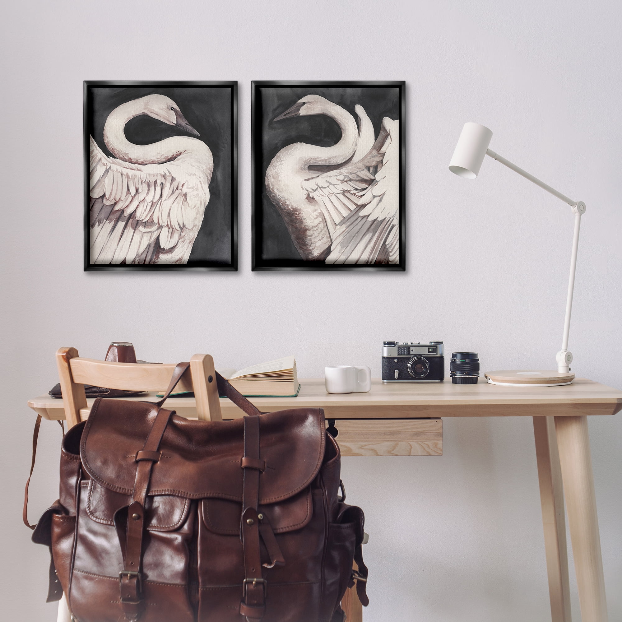 Stupell Industries Swans Taking Flight Animals Painting Black Floater Framed Canvas Art Print Wall Art, 17 x 21, Set of 2