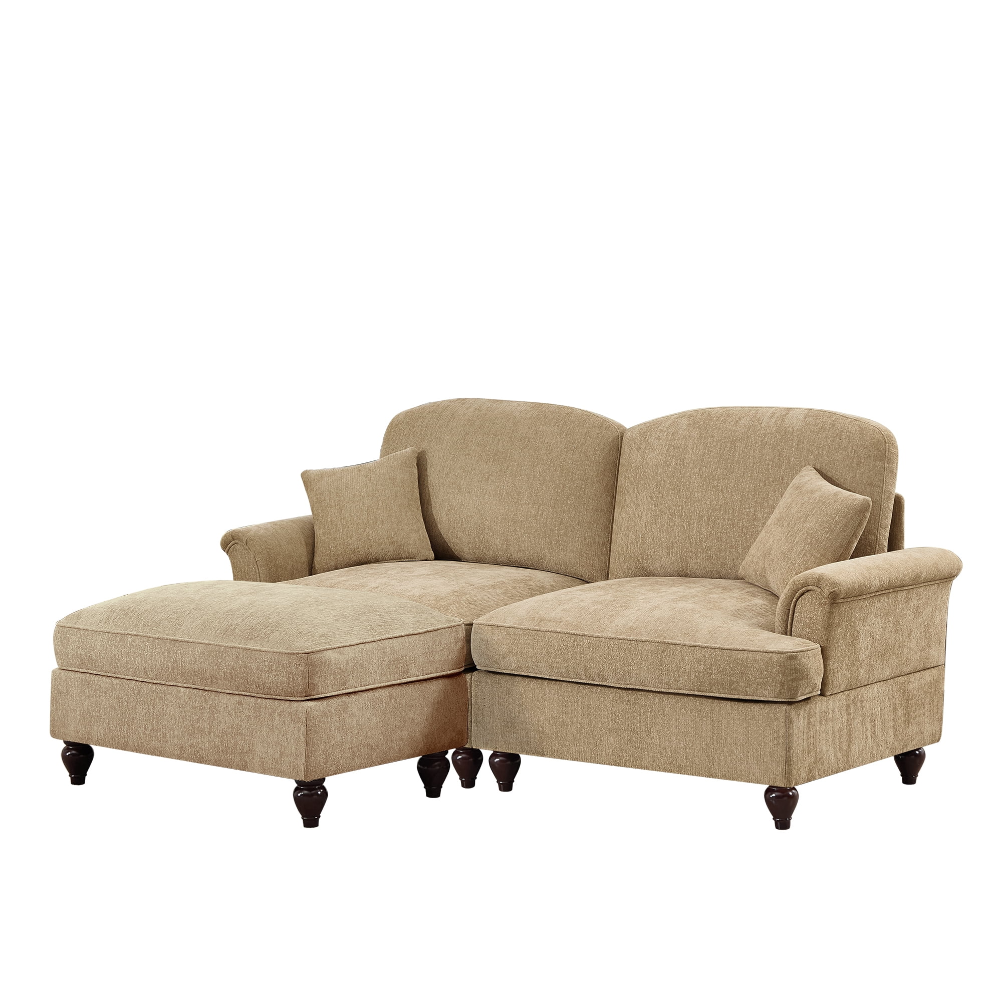 Newest Elegant Large Two Seater Modular L Shaped Sofa Couch, Flared Arms, Removable Ruffles Pleats Skirts, Spindle Legs,Comfy Chenille Loveseat Sofa, Movable Ottoman,Light Coffee