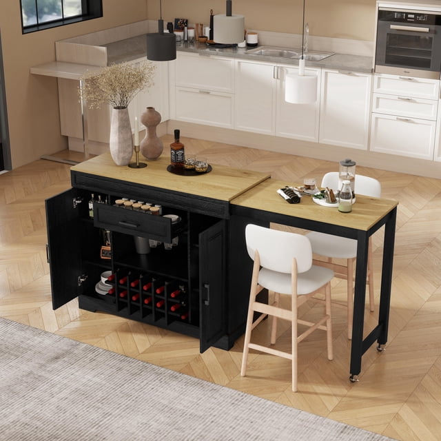 U_Style-CA 43.3"-87.4" Counter Table & Bar Cabinet with Extendable Tabletop (with Wheels), Storage Sideboard, 2 Doors, 1 Drawer, Adjustable Shelves, Wine Rack & Stemware Holder (Chairs Not Included)