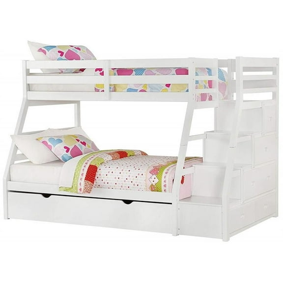 Bowery Hill Contemporary Wood Twin over Full Bunk Bed w/ Ladder in White