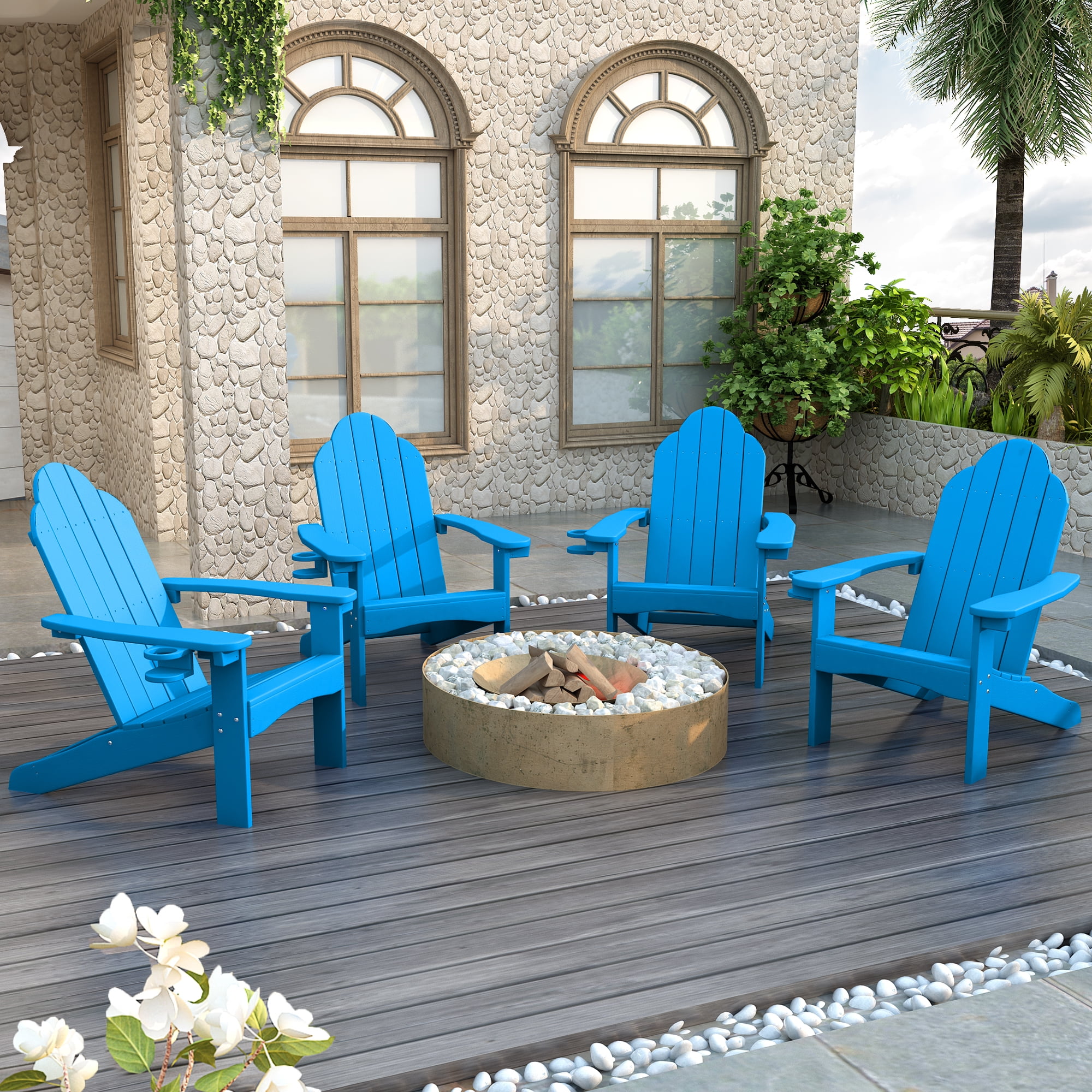 Dycanpo Adirondack Chairs Set of 6 with Cup Holder, 300lbs Weather Resistant, Blue
