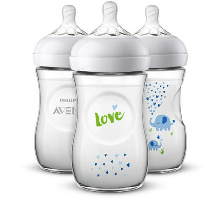Philips Avent Natural Baby Bottle with Blue Elephant design, 9oz, 3pk