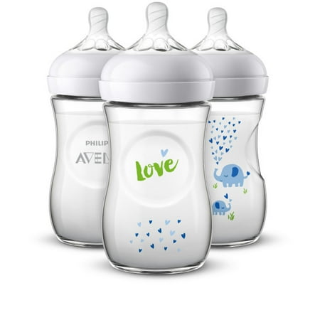 Philips Avent Natural Baby Bottle with Blue Elephant design, 9oz, 3pk, SCF659/37