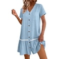 thumbnail image 2 of Womens Button Down Dress Loose Summer Cotton Linen Dress Ruffle Hem Casual Dress Short Sleeve Tunic Dress Blue XL(XL), 2 of 9