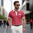 thumbnail image 2 of Telankuip Summer Color Block Waffle Short Sleeve Polo Shirts for Men Casual Textured Quarter Button Collar Comfortable Breathable Top Dress Business Work Shirt with Pocket Red L, 2 of 8