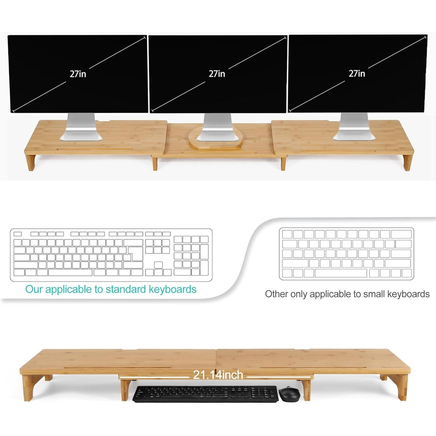 Monitor Stand Riser, 60 inch Large Bamboo Dual Monitor Stand for Desk, 3 Shelves Desktop Screen Riser with Adjustable Length Angle for Computer Laptop PC