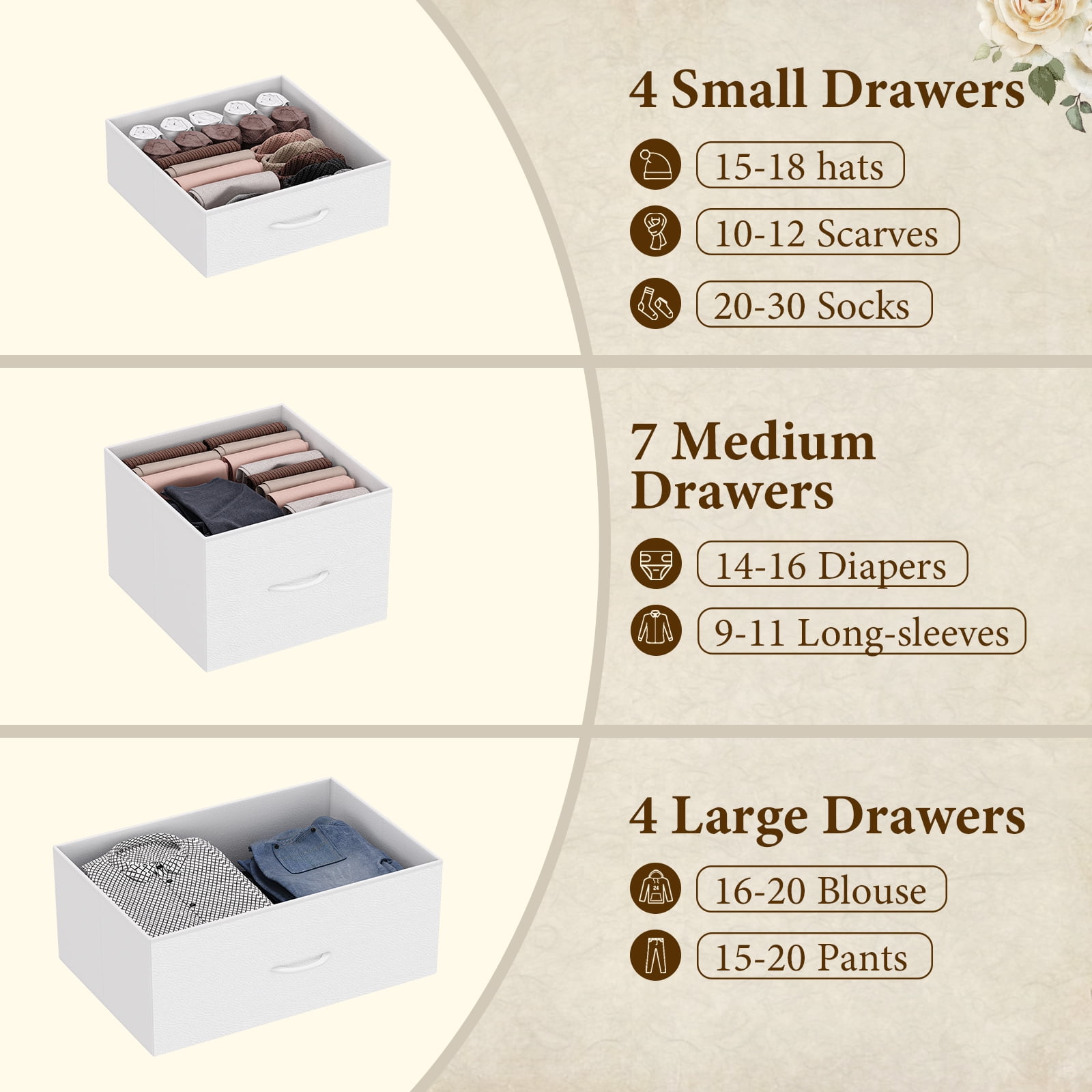 Towallmark 48" H Tall Dresser with 15 Drawers Dressers for Bedroom Fabric Storage Dresser & Chest of Drawers(White)