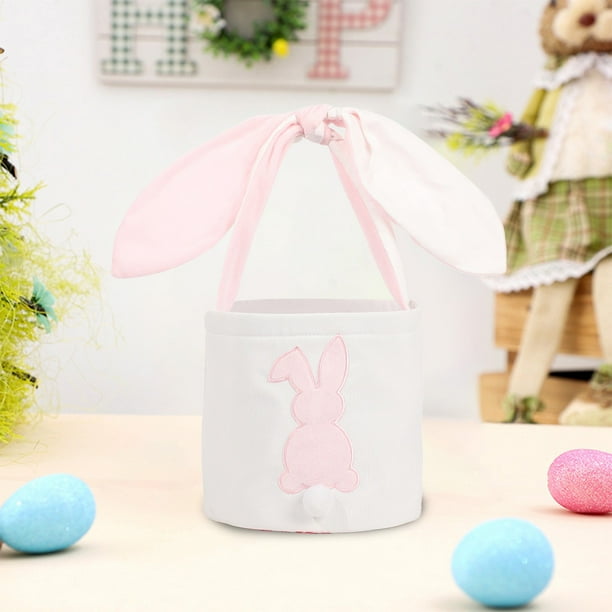 Cesta de Pascua rosa con forma de conejito, bonitas bolsas de Pascua con orejas de conejo para buscar huevos de Pascua, decorar y guardar dulces.