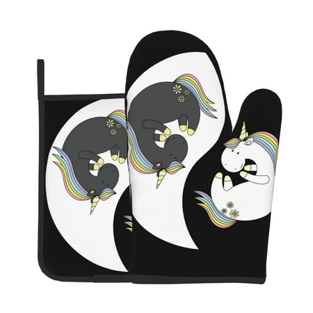 

Tebeau Unicorn in Yoga Print Oven Mitts and Pan Racks 2-Piece Set Kitchen Oven Mitts and Pan Racks Heat Resistant 500 °F for Baking and Cooking