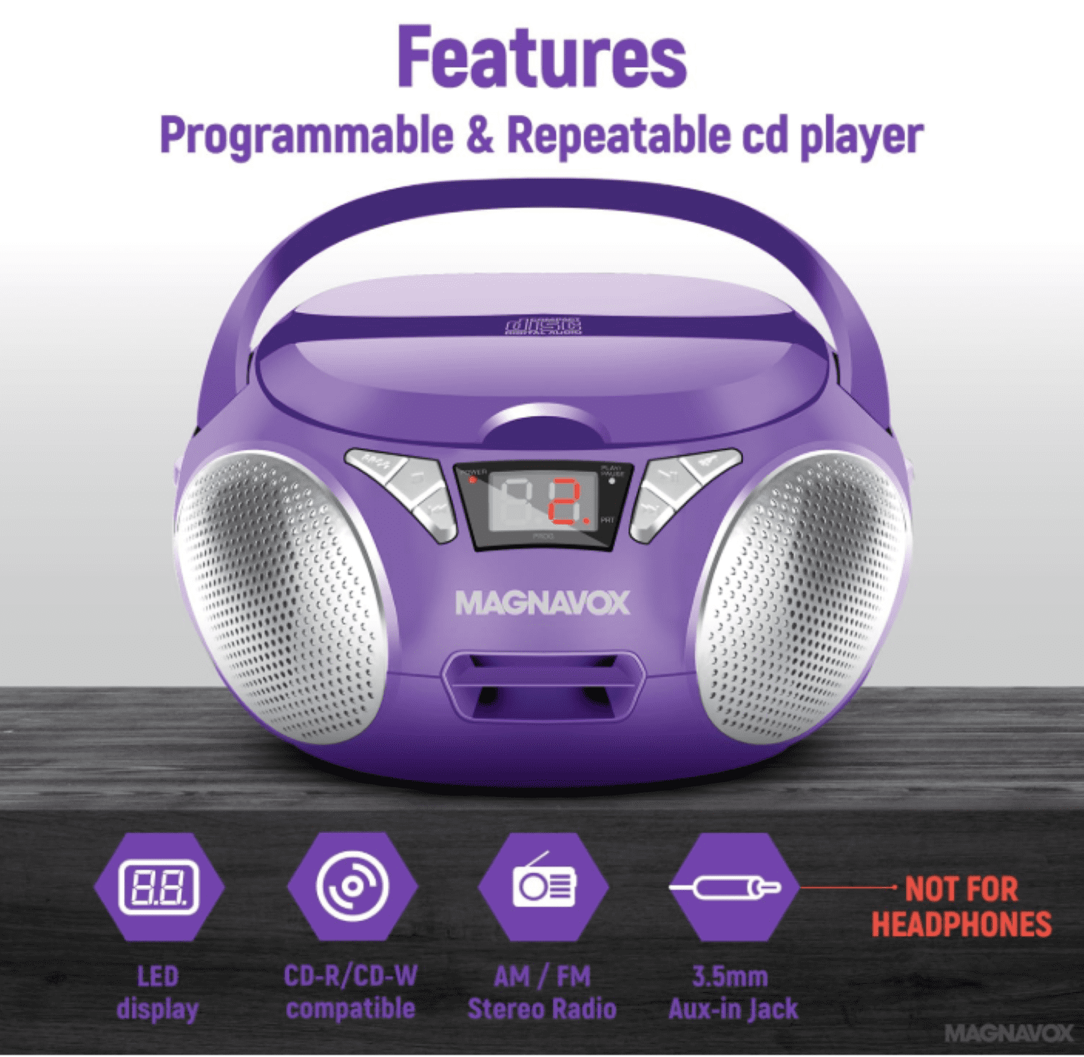 Magnavox Portable CD Boombox with FM Stereo Radio, Top-Loading CD Player, AUX Input, LED Display, AC/DC Power, Battery Operated Boombox, Purple