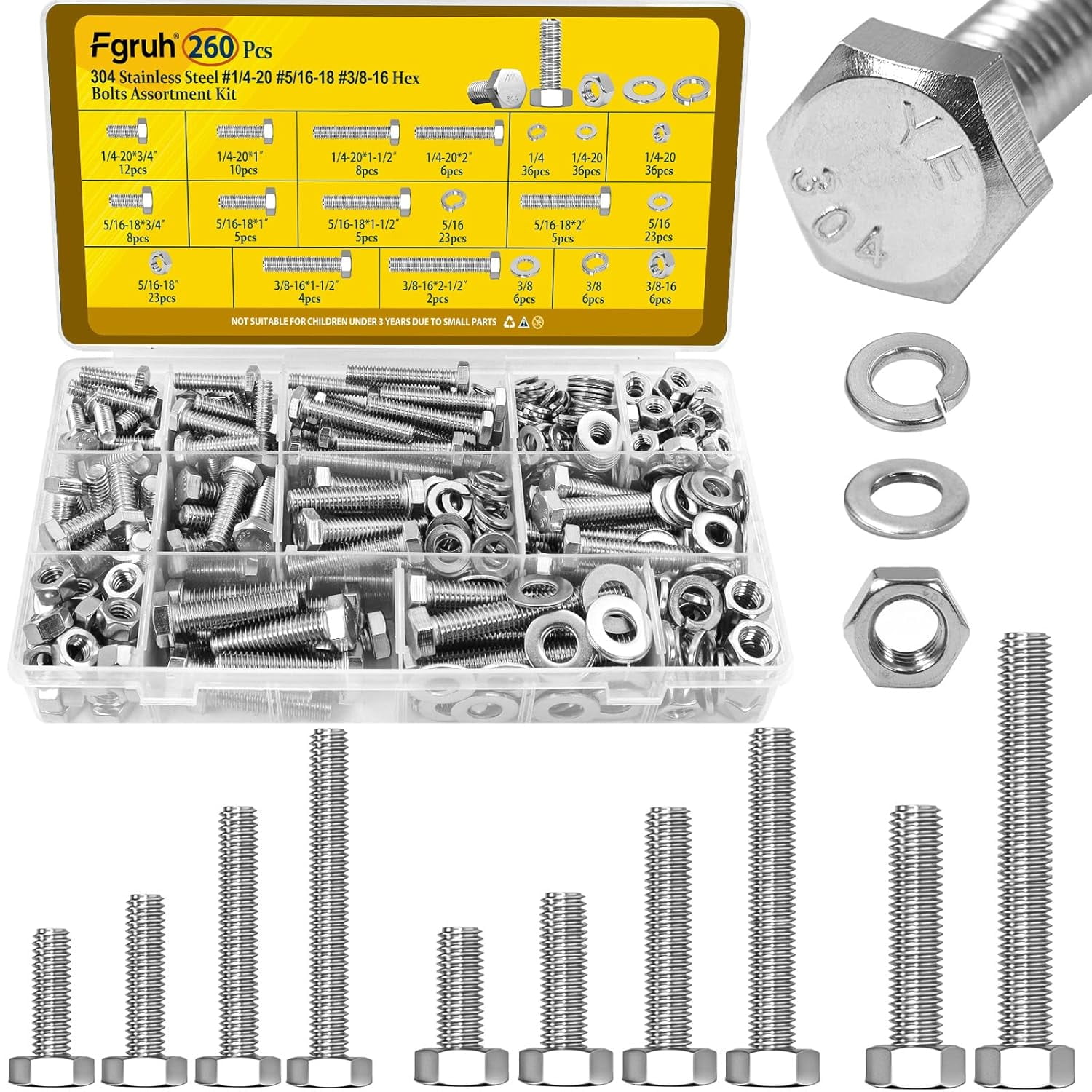 260PCS Hex Bolts and Nuts Assortment Kit 1/4-20 5/16-18 3/8-16 Hex Head Bolt Nut and Flat & Spring Washers Assorted 304 Stainless Steel Fully Threaded