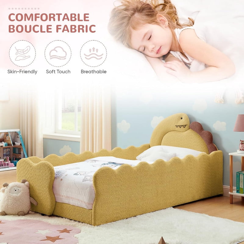 Twin Size Upholstered Platform Bed with Dinosaur Shaped Headboard, Boucle Fabric Kids Bed with Slats Support, Space-Saving Daybed for Girl, Boy, Teenager