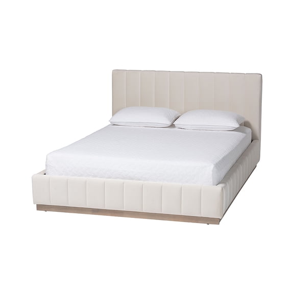 Baxton Studio Granger Velvet Upholstered Platform Bed with Channel Tufted Headboard, Modern Low Profile Bed Frame, Alabaster White, Queen