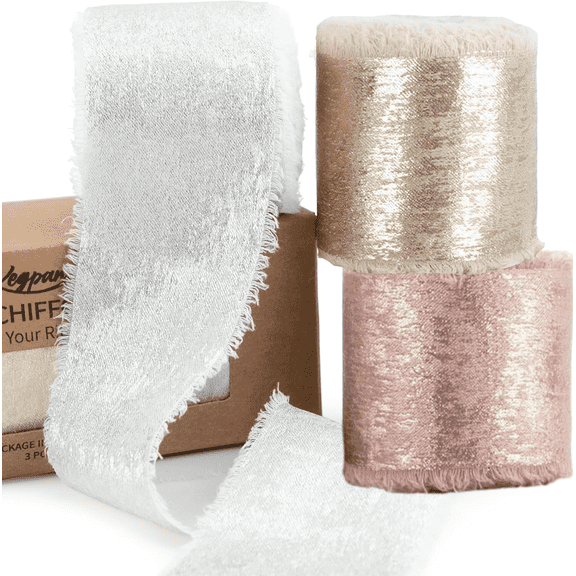 Handmade Chiffon Silk Ribbon Fringe Cream 1.5" x 21 Yd Frayed Edges Ribbons for Wedding Invitations Bridal Bouquets Gifts Wrapping Crafts Holiday Party Decorations