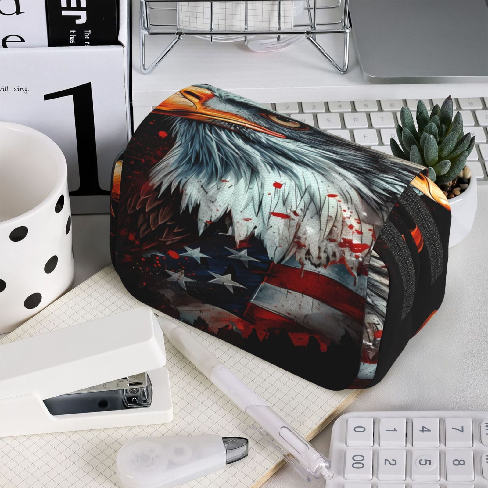 Rateoe USA Bald Eagle Pattern Double Clamshell Pen Case, Storage Organizer with Two Zipper Compartments– Holds Up to 50 Pencils & Pens