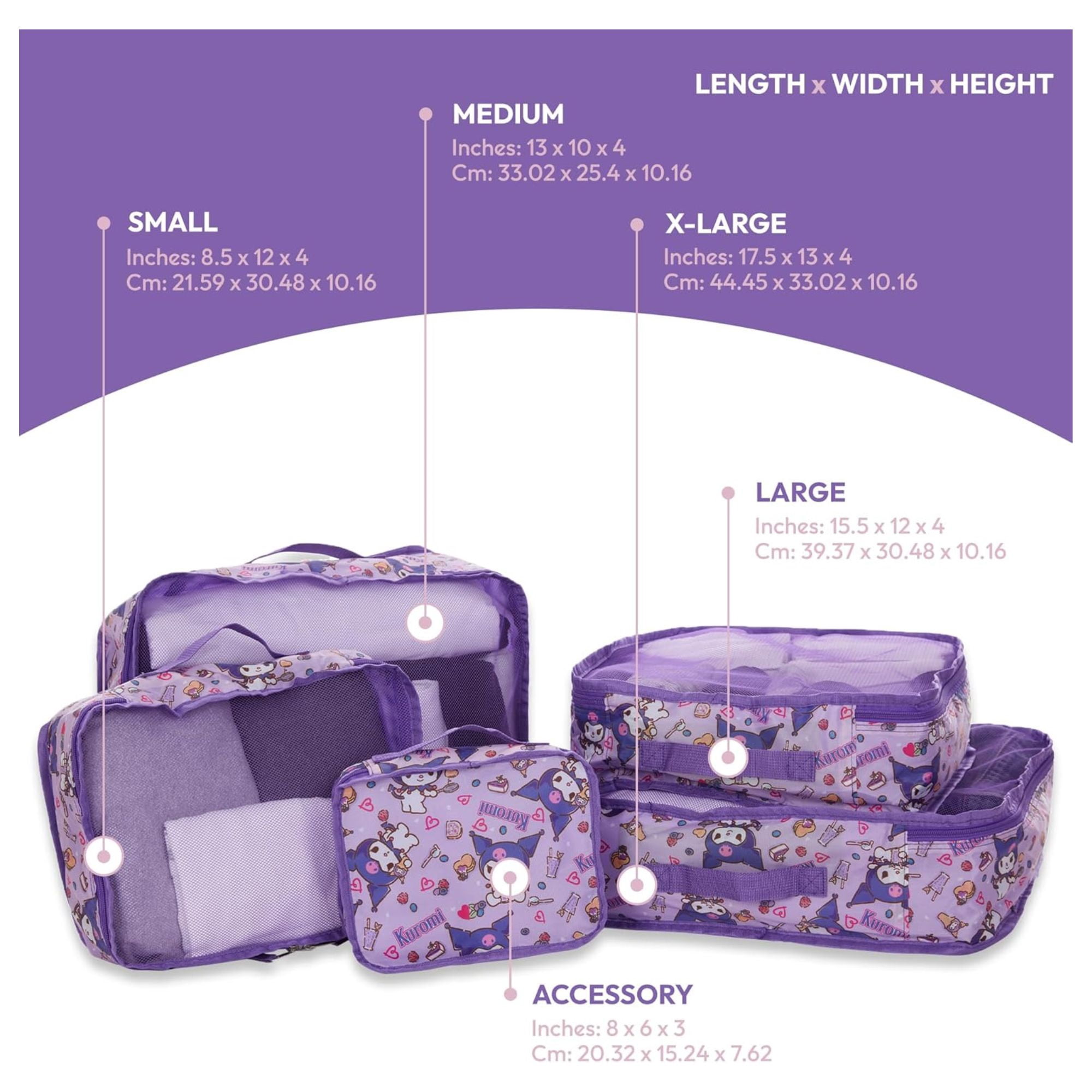 Sanrio Hello Kitty Kerromi Packing Cubes, 5 Piece Set Travel Organizer for Kids and Adult Purple