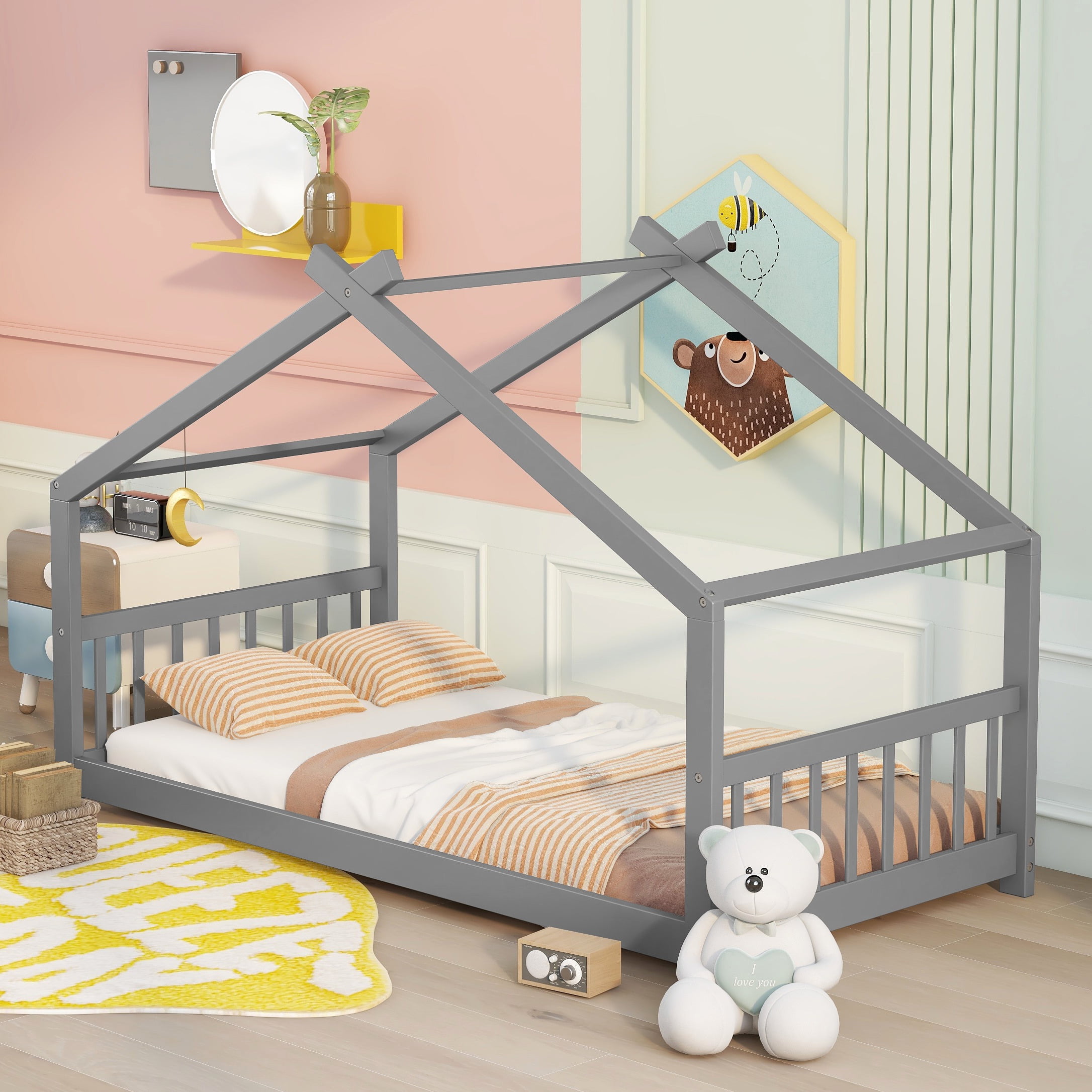 Twin Size House Bed Montessori Style Floor Bed Frame Wood Kids Fun