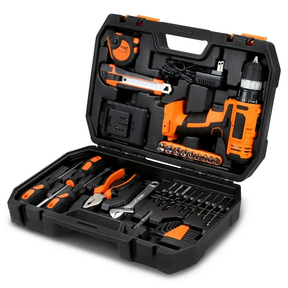 46 Pcs 18V 1300mAh Battery Cordless Drill Combinaton Tool Set Home Hand Repair Kit Orange