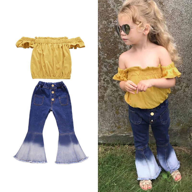 2Pcs Toddler Girls Bell Bottom Jeans Outfit Off Shoulder Tube Top Shirt+Flare Pants Summer Clothes Set