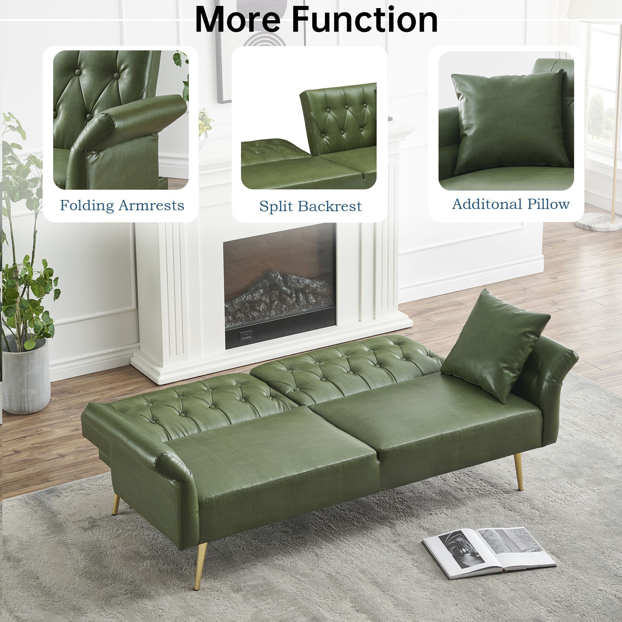 DEALTOPS Convertible Futon Sofa Bed, Faux Leather Loveseat Couch with Adjustable Armrests and backrests, Green