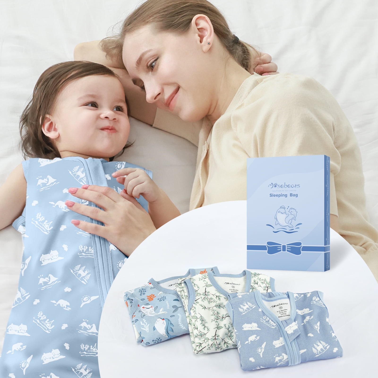 Mosebears 3Pcs 0.5 Tog Baby Sleep Sack 0-6 Months 100% Cotton Unisex Baby Wearable Blanket With 2-way Zipper