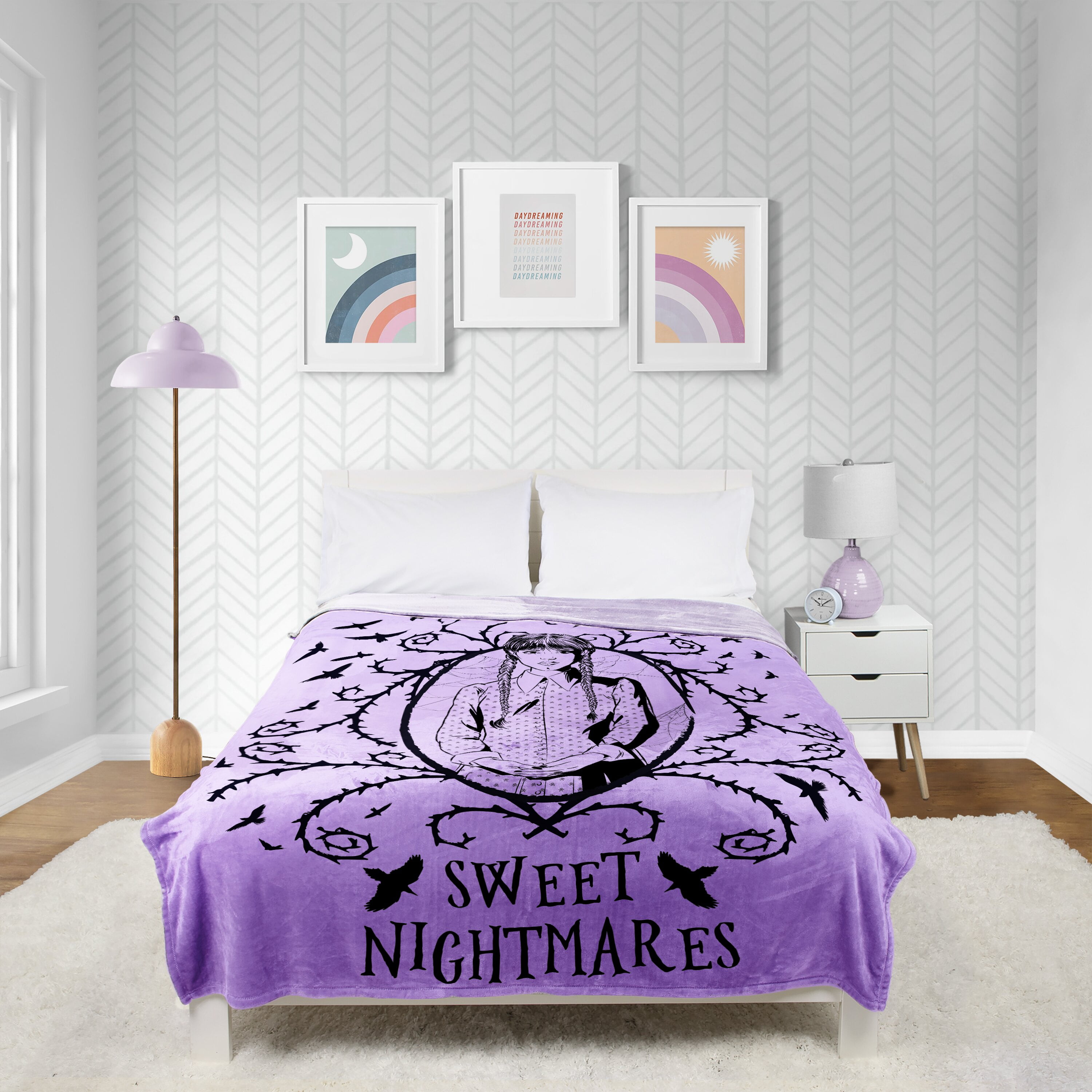 Wednesday Addams Floral Skulls 62" x 90" Silk Touch Throw Blanket, Kids, Polyester, Purple, MGM
