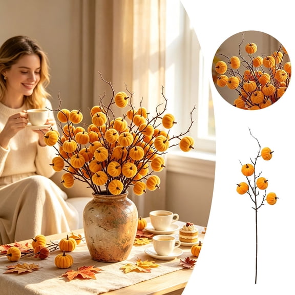 YYDENG Flocked Velvet Pumpkin Fall Decorative Picks with Berry Clusters for Vase Wreath Centerpiece Farmhouse Autumn Arrangement