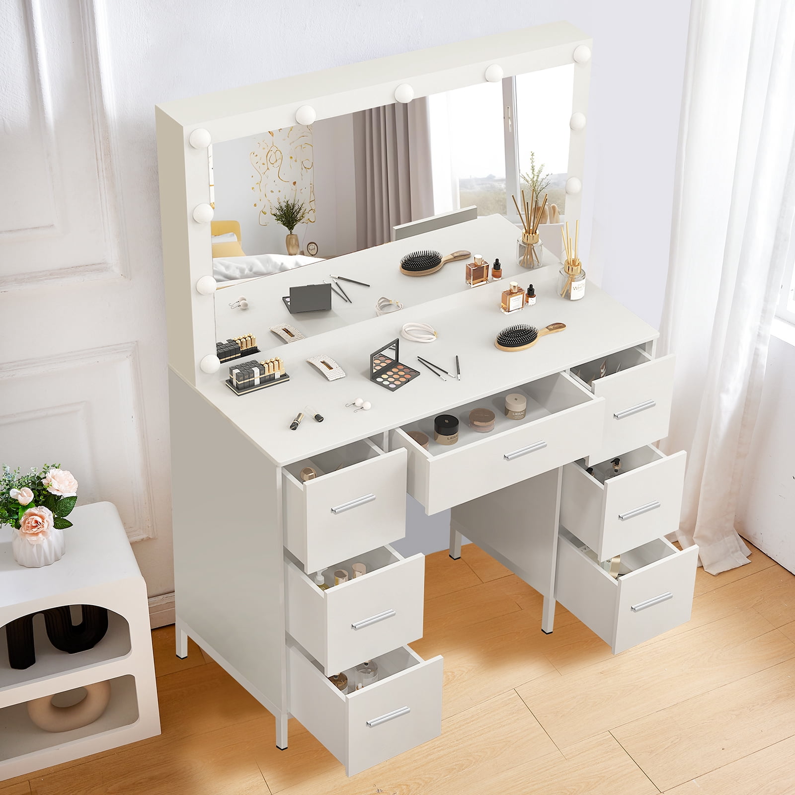 JBLCC Vanity Desk with Mirror and Lights, 7-Drawer Makeup Vanity Table with Hollywood Bulbs for Bedroom, Dressing Table for Women & Girls, White