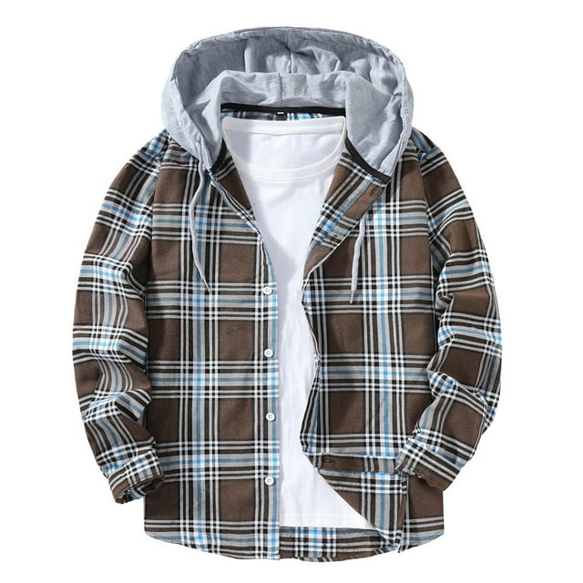 MHFRRA Camisa con Capucha A Cuadros, Chaqueta, Top Informal de Manga Larga, Ropa de Calle de Moda para Otoño, Jersey Cómodo Café