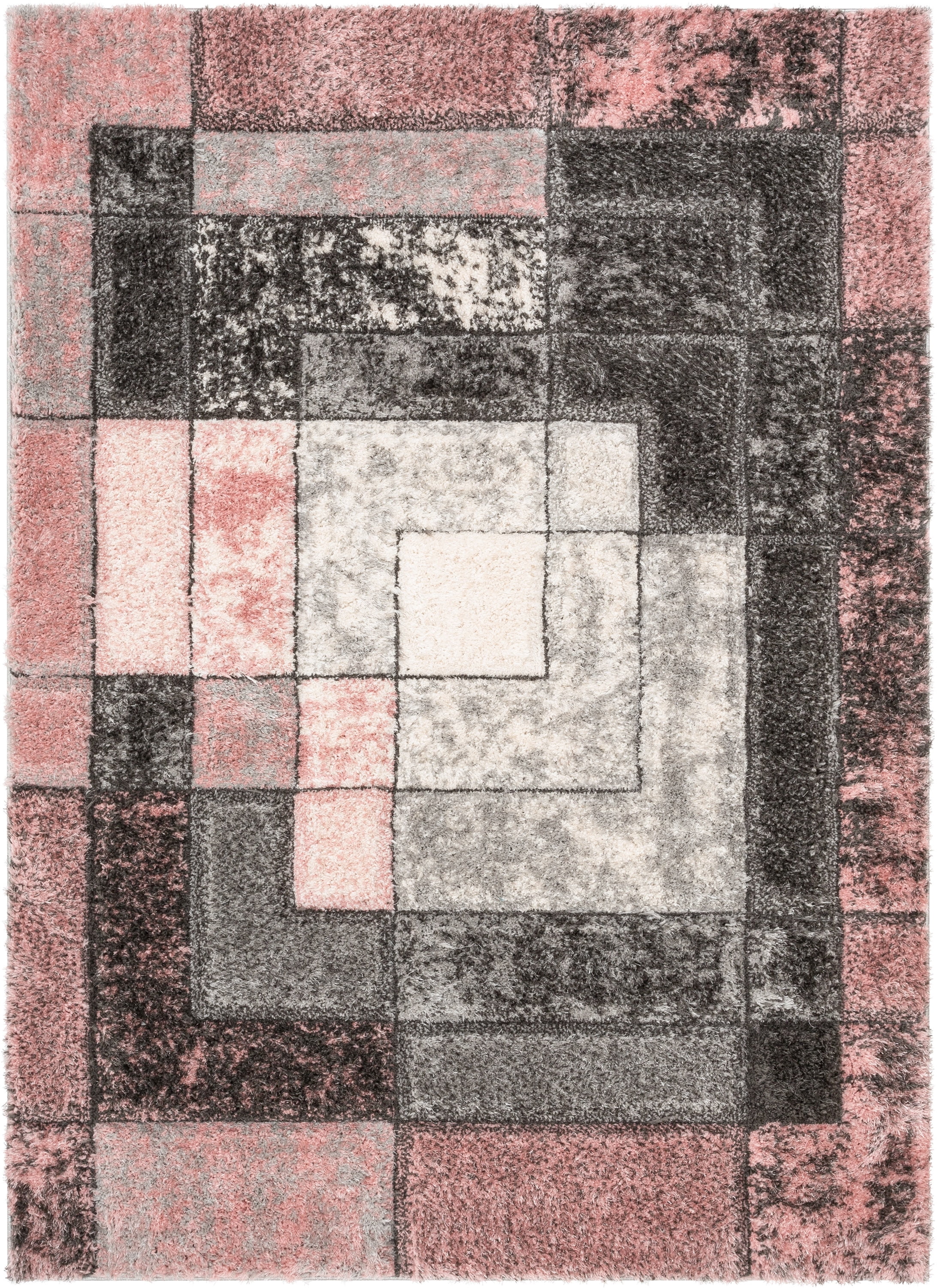 Well Woven Lolly Kenzo Retro Geometric Pattern Pink Grey 5'3" x 7'3" 3D Texture Shag Area Rug
