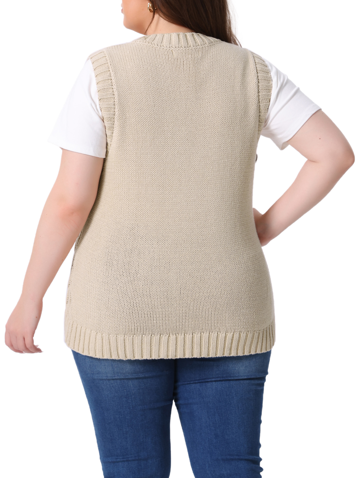 DARING DIVA Women's Solid Knitted Crew Neck Sweater Vest 2X Beige