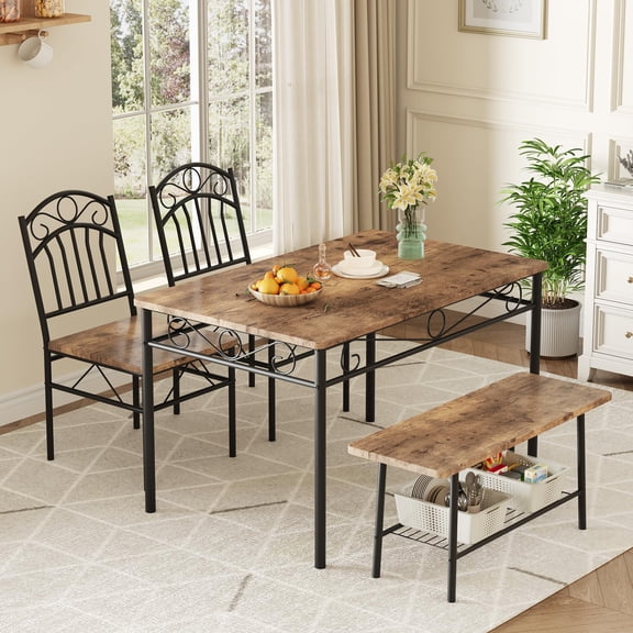 Dining Table Set for 4, 4-Piece Dining Room Table & Chairs, 43.3" Kitchen Table Set with Chairs & Bench for Small Space, Breakfast Nook - Retro Brown