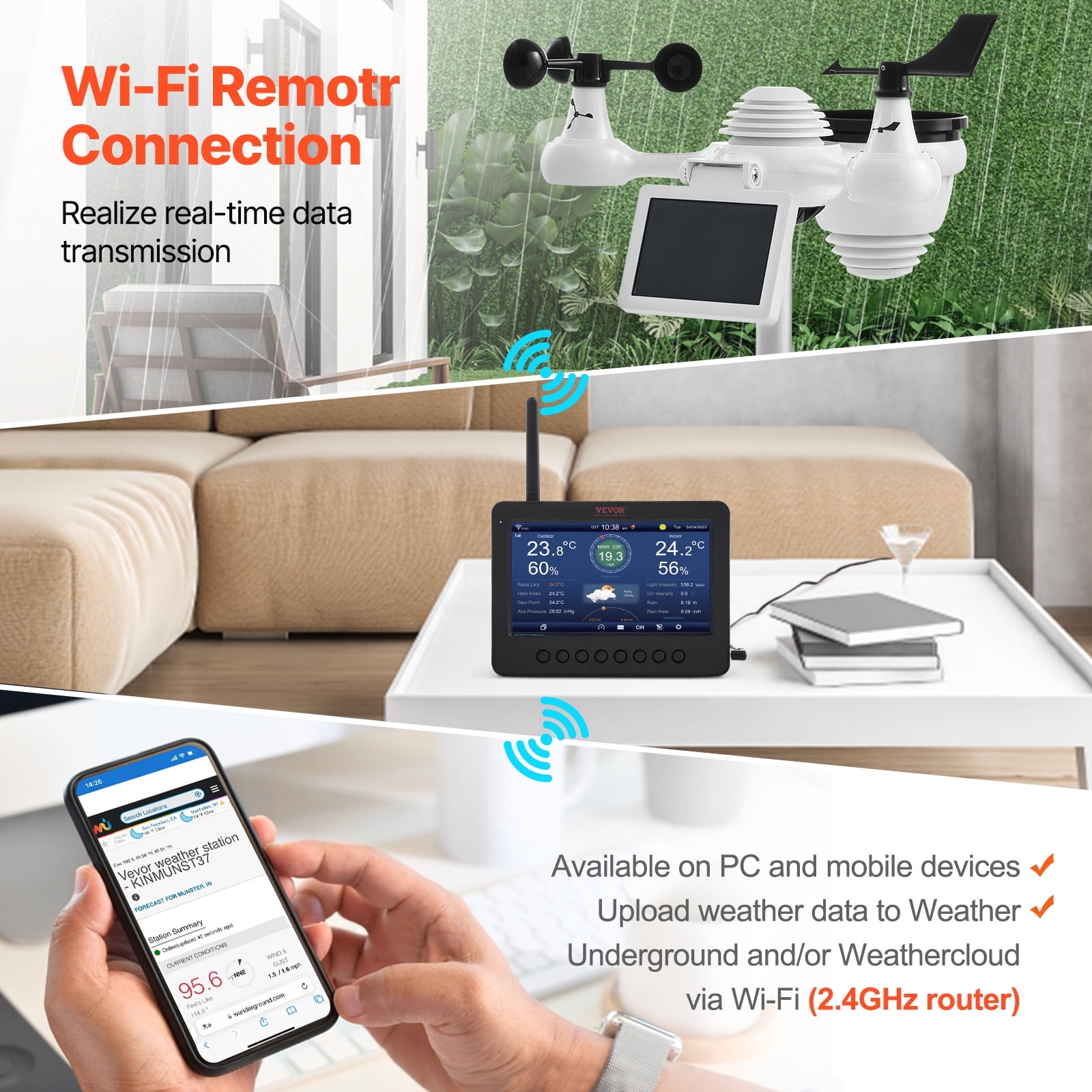 VEVOR 7-in-1 Wireless Weather Station with Wi-Fi,7" TFT Colorful Display, Solar-Powered Outdoor Sensor, Indoor & Outdoor Monitoring, Includes Temperature, Humidity, Wind Speed/Direction, and Rainfall