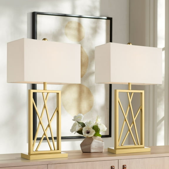 360 Lighting Claudia 26 1/2" Tall Open Metal Base Modern Glam Table Lamps Set of 2 Gold Finish White Shade Living Room Bedroom