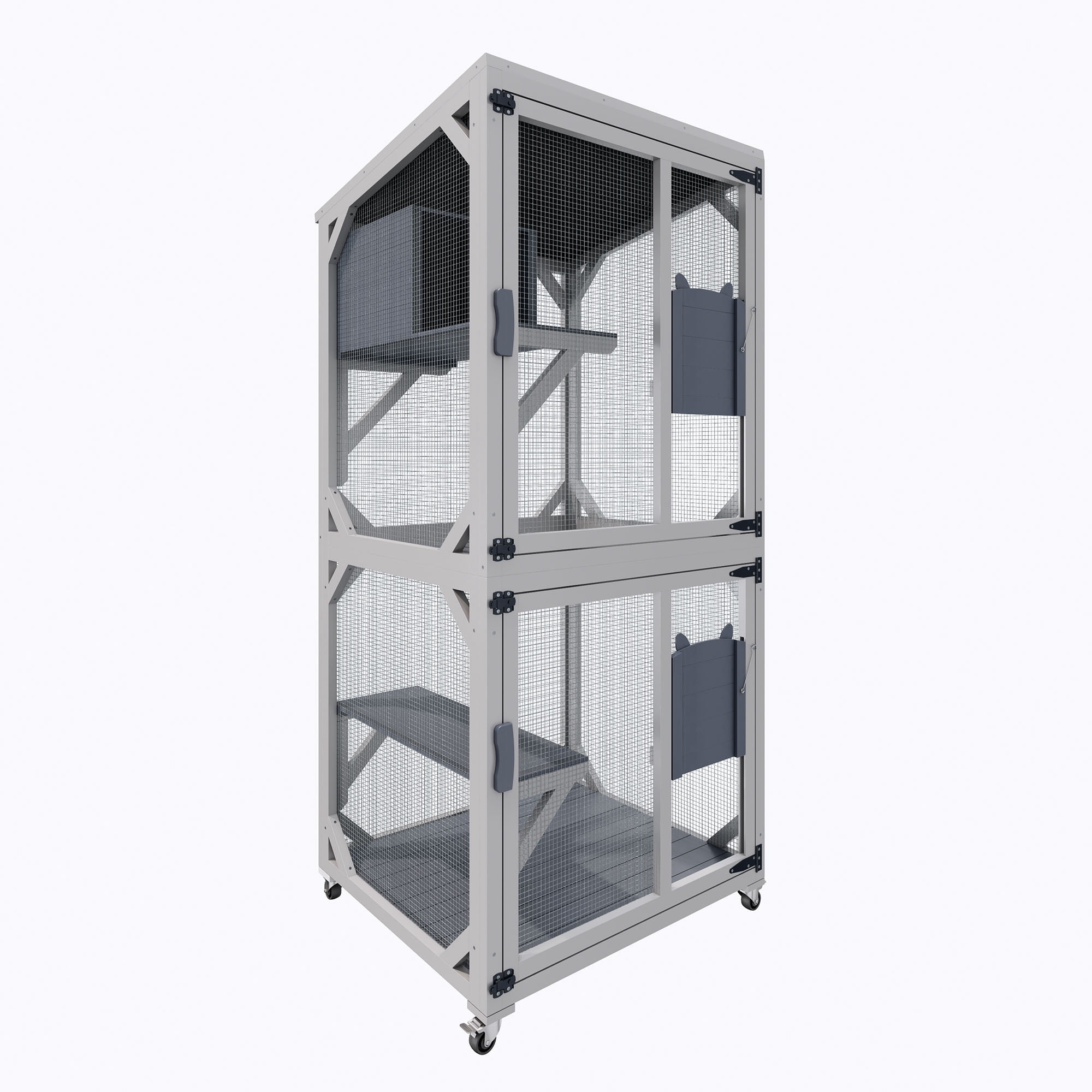 CQSXDA Large Wooden Outdoor Cat Enclosure with Wheels 74.8 Inches Multi-Level Cat House Lockable Doors Removable Tray