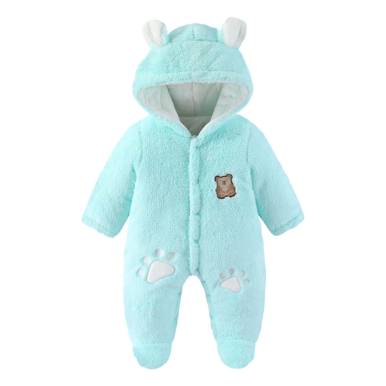 FAIOROI Kids Girl Bear Onesie Winter - Green Footed Kids Jumpsuit with Front Zipper, Quilted Lining, Plush Ears, Warm for 0-12M Daily Wear/Photo Shoots,Size 1 T