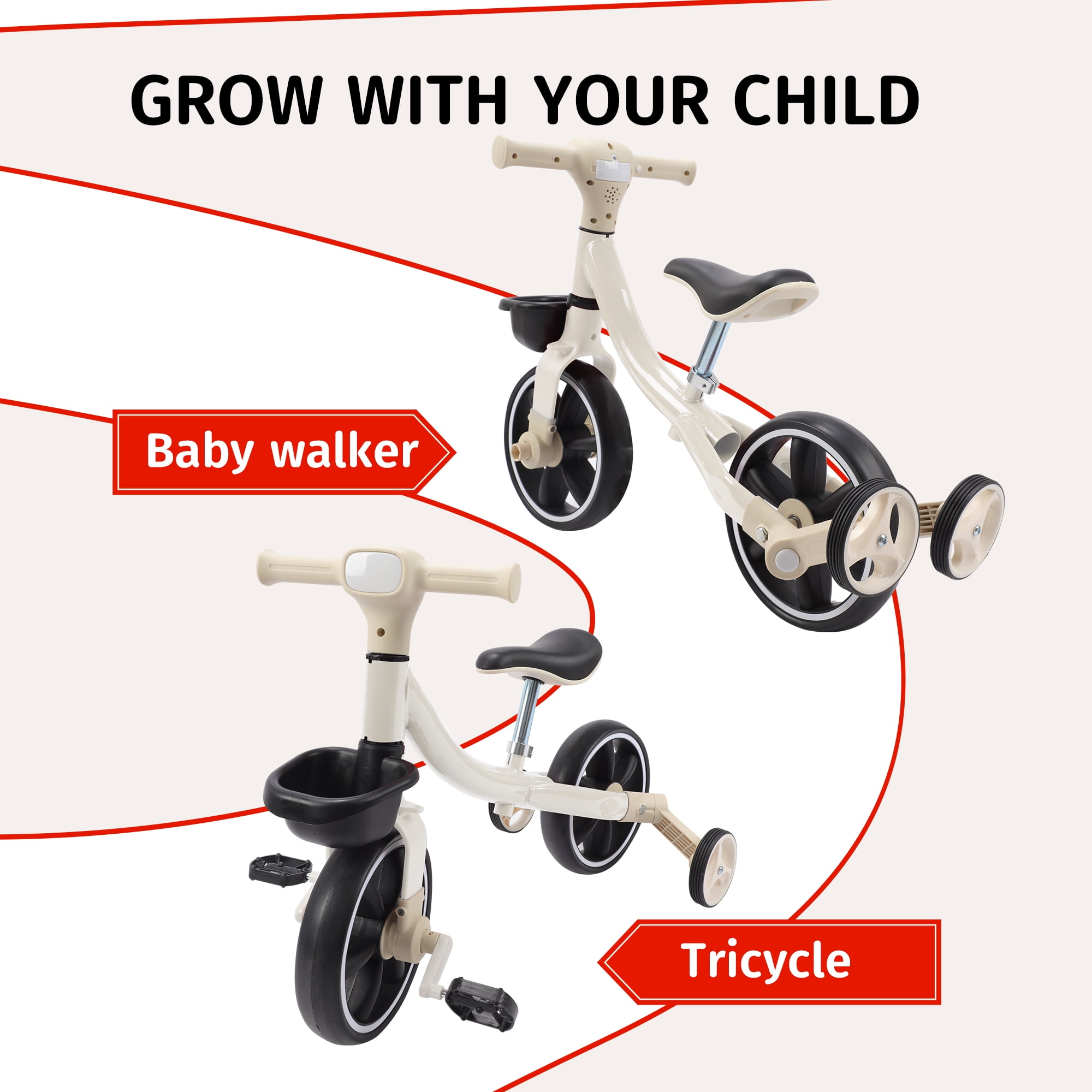 3-Wheel Trike Bicycle for Toddlers, Kids Pedal Tricycle Stroller with Basket, Folding Trike Bike