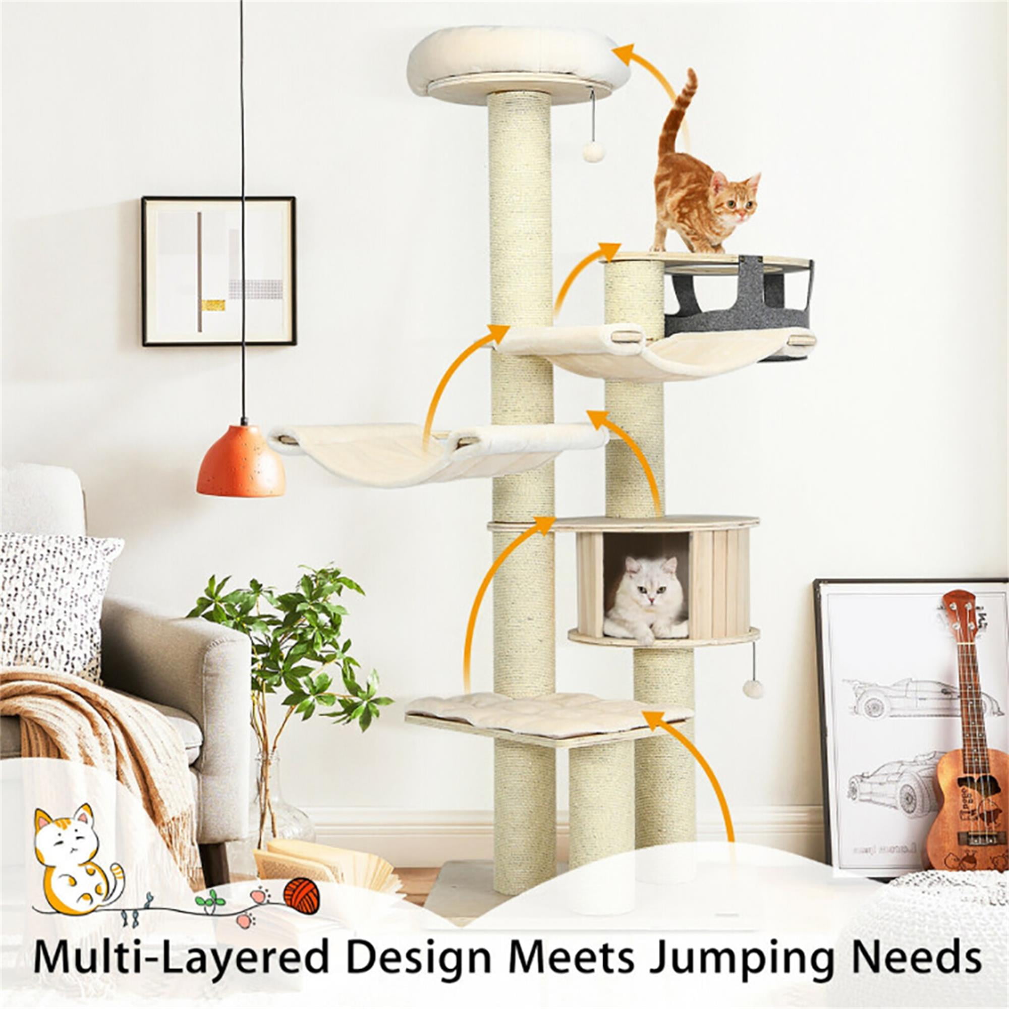 Kadyn 77" Wood Cat Tree Tower for Indoor Cats, Multi-Level Cat Condo with Scratching Posts, Perch, Washable Removable Cushions, Cat Furniture, Beige