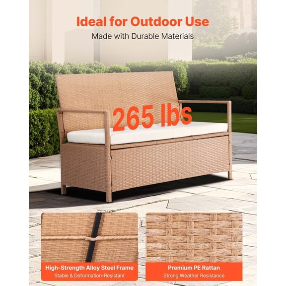 Outdoor Storage Bench, 70-Gallon PE Rattan Deck Box with Waterproof Lid, Patio Seat & Storage Container for Garden, Backyard, Poolside