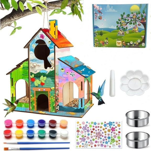 Bird Feeders, Diy Bird House Art Crafts Kit for Kids Ages 4-6 8-12,Build & Paint Your Own Wooden Hummingbird Feeder, Outdoor Wild Humming Bird Feeders Art Activities for Children's Day