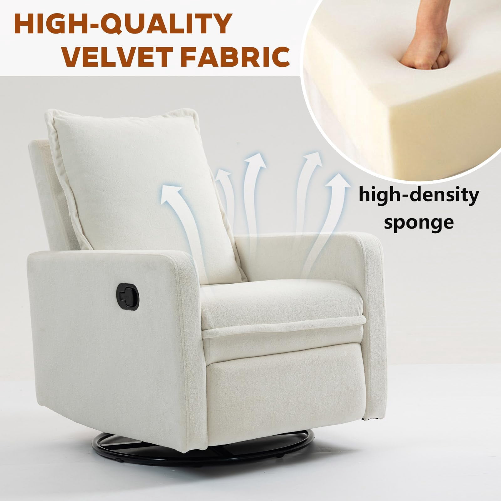Lovableguy Modern Swivel Recliner Chair,Velvet Manual Button Nursery Glider Reclining Chair with Footrest,Comfy Upholstered Rocking Chair Living Room,Bedroom,White