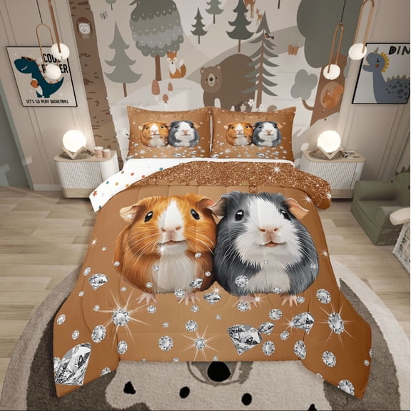 Erosebridal Kawaii Guinea Pig Bedding Twin Comforter Set,Crystal Glitter Down Comforter,Sequin Print Decoration,Reversible,2-Piece