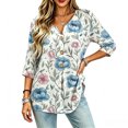 thumbnail image 3 of Asgosdo Women Tops Shirts Blue Pink Peony Floral Vine Print Notched V Neck Decorative Button 3/4 Sleeve Loose Flowy Polyester Casual Blouses Multi Color Four Season Womens Tops, 3 of 5