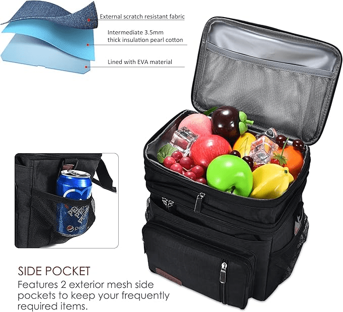 Premium Cooler & Lunch Box for Men and Women - Double Deck, Leakproof, Insulated Soft Large Adult Lunch Tote (Black, 15L)