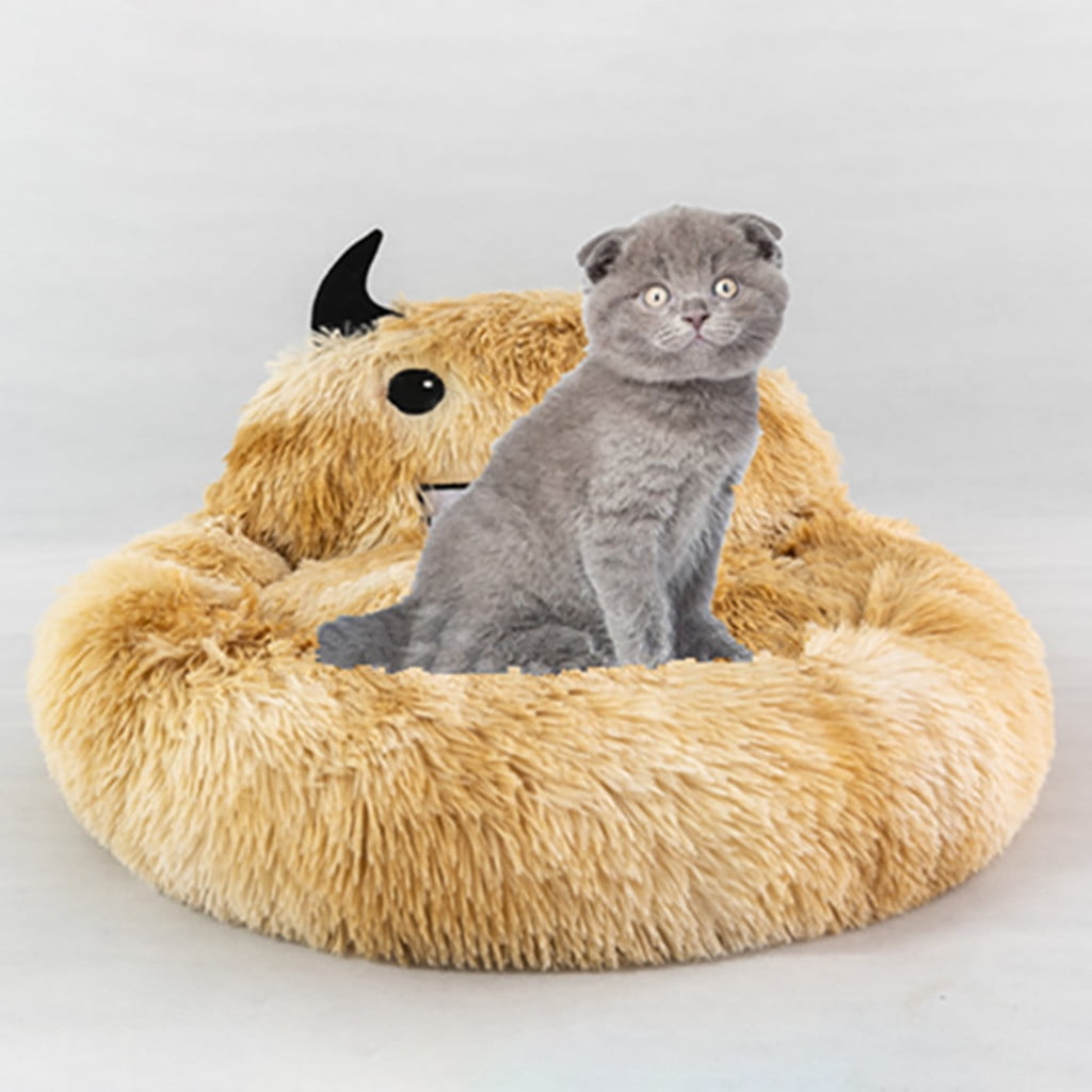 PureCasa Semi-Enclosed Cute Dog Cat Bed for Fall Winter, Comfortable Long Plush Fluffy Pet Pad House Thermal Kennel, Creative Sleeping Cushion Pads for Small Cats Dogs, Round, 1 Pack, L, Brown